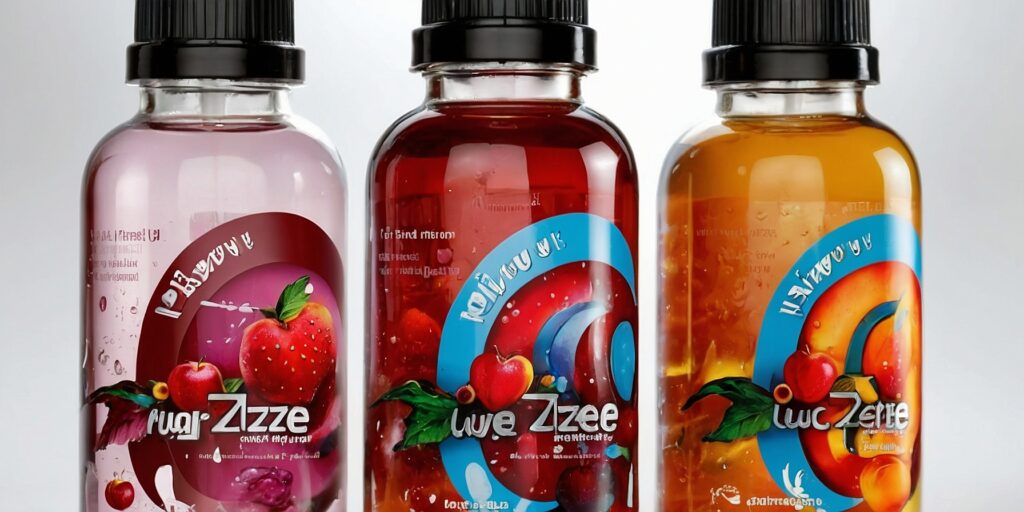 Une image montrant une collection de bouteilles d'e-liquides Bloody Dragon Fruizee avec différents fruits représentés, disposés sur un fond coloré et vibrant.